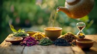 Herbal tea pouring from ceramic teapot into cup with assortment of dried herbs and flowers on wooden table in garden setting. Hourglass timer nearby.