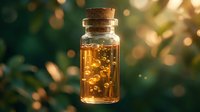 Golden liquid with bubbles in glass bottle with cork stopper against blurred green and warm bokeh background, suitable for wellness, skincare, and cosmetic product marketing.