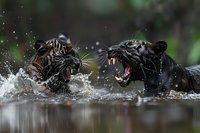 Dramatic scene of two black panthers splashing in water during aggressive interaction, perfect for wildlife magazines and nature documentaries. Captured with water droplets and fierce expressions.