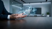 Businessman presenting holographic financial data analytics with growth charts and performance metrics in modern office conference room setting.