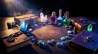 Mystical crystal healing circle with glowing gemstones, potion bottles, and tarot cards arranged on wooden surface for spiritual wellness and alternative medicine practices.