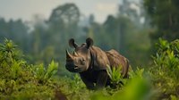 Endangered black rhinoceros standing alert in natural habitat surrounded by lush green vegetation and misty forest background during early morning light.