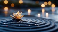 Golden lotus flower floating on rippling water surface with warm bokeh lights creating peaceful zen meditation atmosphere for wellness and mindfulness concepts.
