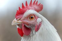 White hen with red comb and wattles close-up portrait showing detailed feathers and orange eye for poultry farming and agriculture concepts.