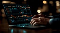Financial trader analyzing market data on laptop screen with glowing charts and graphs in dark office environment with bokeh lights, focus on hands typing.