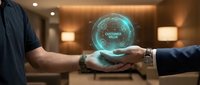 Two businessmen exchange a glowing digital globe labeled customer service in modern office setting, representing global communication, partnership, and technology-driven business solutions.