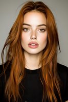 Young Caucasian woman with long copper red hair and natural makeup wearing black top, looking directly at camera with confident expression. Studio beauty portrait.