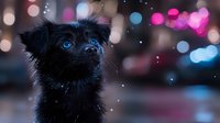 Black puppy with striking blue eyes gazing upward against blurred bokeh lights background, creating magical atmosphere with falling snowflakes and colorful defocused lights.