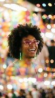 Happy young African American woman with afro hair and glasses laughing at colorful night carnival with bokeh lights for entertainment and celebration concepts.