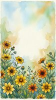 Watercolor wildflower border frame with yellow orange daisies and green foliage on textured paper background for greeting cards and invitations.