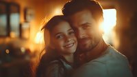 Young diverse couple embracing at sunset with warm golden backlight, sharing intimate moment. Woman with natural smile and man with beard show genuine connection.