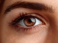 Close-up of amber brown eye with long eyelashes and defined eyebrow, showcasing natural beauty and detailed iris pattern on light skin tone.