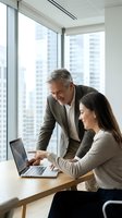 Senior businessman mentoring young female colleague at laptop in modern office with city view. Professional teamwork and corporate training concept.