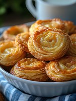 Fresh baked kouign amann pastries with caramelized layers and golden crust served in white ceramic bowl, close up view on blue striped napkin background.