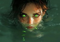 Mysterious woman with glowing green eyes emerging from dark water, face partially submerged, wet hair floating, dramatic fantasy portrait in emerald tones.