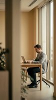 Professional businessman in gray suit working on laptop at wooden desk by large windows in modern office space with warm natural lighting.