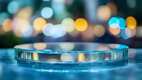 Glowing circular bokeh lights reflect on sleek metallic surface against blurred urban background creating modern abstract composition with blue and gold tones.