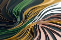 Abstract wavy lines in metallic green, gold, and copper colors create dynamic flowing pattern with depth and movement against dark background. Modern art design element.