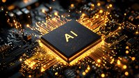 Glowing AI processor chip on circuit board with golden light effects and digital connections, representing artificial intelligence and machine learning technology.