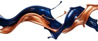 Dynamic flowing liquid splash in navy blue and copper colors creating elegant waves on white background for modern design projects.