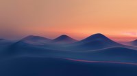 Tranquil desert landscape with rolling sand dunes silhouetted against vibrant orange and purple sunset sky creating dramatic shadows and peaceful atmosphere.