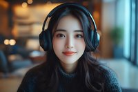 Young Asian woman wearing wireless headphones smiles warmly while listening to music in cozy cafe setting with soft bokeh lights in background.