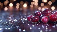 Fresh red cranberries covered in frost crystals on dark wooden surface with soft golden bokeh lights creating magical holiday atmosphere.
