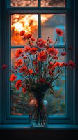 Red poppies in glass vase on windowsill against dramatic orange sunset sky and turquoise window frame, creating moody atmospheric home interior scene.