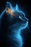 Mystical cat profile with glowing cosmic energy and constellation patterns in blue and gold tones against dark background, creating ethereal artistic effect.