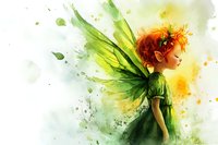 Magical fairy with fiery red hair and translucent green wings in watercolor style, wearing emerald dress against light background with ethereal splashes and dreamy atmosphere.