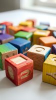 Colorful wooden alphabet blocks scattered on white surface with letters and numbers for early childhood education and learning development.