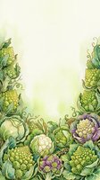 Watercolor illustration of fresh green and purple cauliflower with leafy vegetables arranged as decorative border frame on cream background, suitable for organic food packaging and culinary designs.