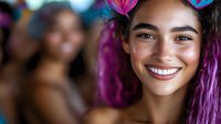 Young woman with bright purple hair and butterfly accessories smiling radiantly at camera, showing white teeth and natural makeup against blurred background.