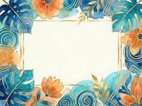 Watercolor tropical floral frame with teal monstera leaves, orange flowers, and gold accents on white background for invitations and cards.