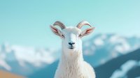 Majestic white mountain goat with curved horns against blurred snowy peaks and blue sky background, symbolizing wildlife and alpine nature.