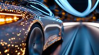Luxury sports car detail with dramatic lighting and motion blur effect, reflecting city lights and sparkles against metallic paint finish. For automotive and lifestyle content.