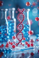 Red DNA helix structure with molecules floating in blue scientific laboratory background, medical research concept for genetics and biotechnology studies.