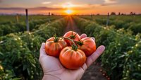Fresh ripe tomatoes in farmer hand at sunset over agricultural field. Organic harvest concept for healthy eating and sustainable farming practices.
