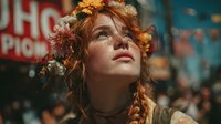 Young woman with reddish-brown braided hair and fair complexion gazing upward in contemplative pose, set against blurred vintage carnival or fair background with warm lighting.