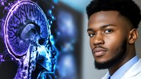 Young African American male medical professional in white coat shown alongside glowing purple brain scan, representing neurology and modern medical technology advancement.