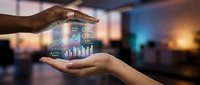 Business professional hands protecting holographic data analytics dashboard with charts and graphs in modern office environment for financial technology solutions.