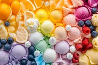 Colorful ice cream scoops arranged in rainbow pattern with fresh citrus slices, blueberries, raspberries and meringue cookies creating vibrant summer dessert composition.