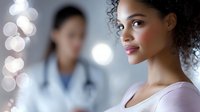 Young African American woman at medical appointment with blurred doctor in background, soft bokeh lights create calming atmosphere for healthcare setting.