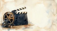 Vintage film reel and clapperboard on aged paper background, representing cinema production, filmmaking history, and movie industry nostalgia.