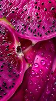Macro shot of vibrant pink dragon fruit slices with water drops, showing detailed pulp texture and black seeds against bright magenta flesh. Fresh and juicy.