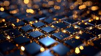 Illuminated computer keyboard with golden bokeh lights creating magical atmosphere at night, close-up view with shallow depth of field and glowing effect.