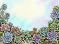 Watercolor succulent garden border with pastel sky, featuring echeveria and various desert plants in soft green, pink, and purple tones.