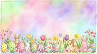 Watercolor Easter border with pastel tulips, decorated eggs, and spring flowers on soft gradient background.