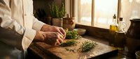 Elderly chef preparing fresh herbs on rustic wooden cutting board in warm sunlit kitchen with olive oil bottles in background.