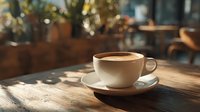 White ceramic cup of cappuccino on wooden table in cozy cafe with warm sunlight creating soft shadows, perfect for coffee shop promotion.
